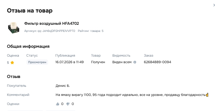 Отзыв на товар Фильтр воздушный HFA4702